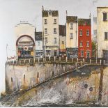 After Tracy Savage, a printed canvas of a Seaside town, 76cm by 76cm