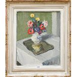 A Bosia ? (20th century) Continental, Still life of flowers in a vase on a silver tray, signed and