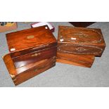 An 19th century mother of pearl inlaid rosewood writing slope, together with three brass mounted