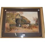 Sydney Goodwin (1867-1944) Figures outside a tithe barn with a horse and cart, signed watercolour