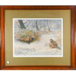 After Archibald Thorburn (1860-1935), Grouse in a winter landscape, signed print 41cm by 54cm