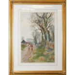 Henry Charles Fox (early 20th century) Horse mounted figure on a winter farm track Signed and