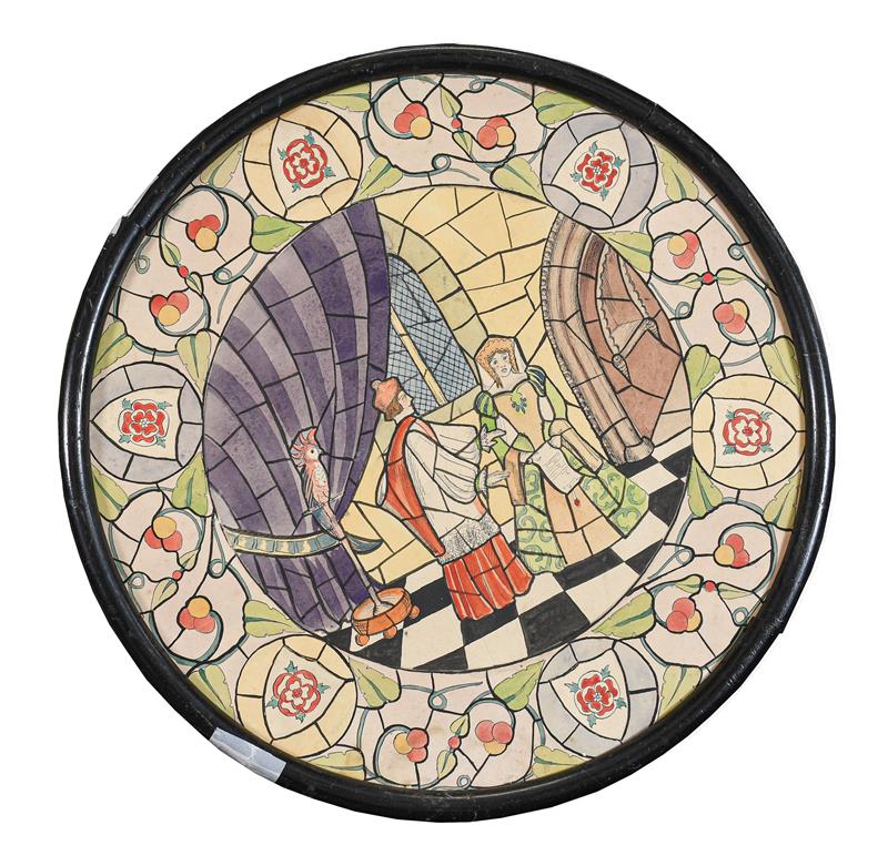 A pair of rounded stained glass window designs, Tudor scenes, pen, ink and watercolour, 50cm - Image 2 of 2