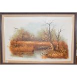 Eric Forlee oil painting of birds flying over a marsh, signed and dated '81, oil on board, 61cm by