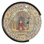 A pair of rounded stained glass window designs, Tudor scenes, pen, ink and watercolour, 50cm