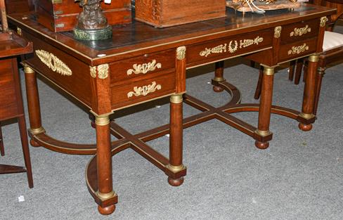A French Louis XVI Style Mahogany and Gilt Metal Mounted Desk, late 19th/early 20th century, inset