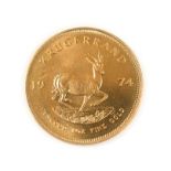 South Africa, 1974 Krugerrand. 1 oz. 24ct (.999). Obv: Bust of Paul Kruger left. Rev: Springbok,