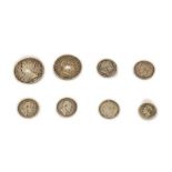 8 x English Silver Coins comprising: Anne halfcrown 1707E SEXTO Edinburgh Mint, post Union with