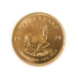 South Africa, 1974 Krugerrand. 1 oz. 24ct (.999). Obv: Bust of Paul Kruger left. Rev: Springbok,