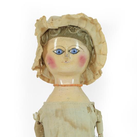 A Late 18th Century Queen Anne Type Doll, with a carved wooden head, blonde wig, wide carved eyes - Image 2 of 30