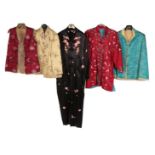 20th Century Chinese Jackets and Robes, comprising a turquoise brocade jacket with sheepskin lining;