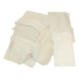 Assorted White Linen Damask Cloths, cream silk bed cover with lace insertions, pina tea table