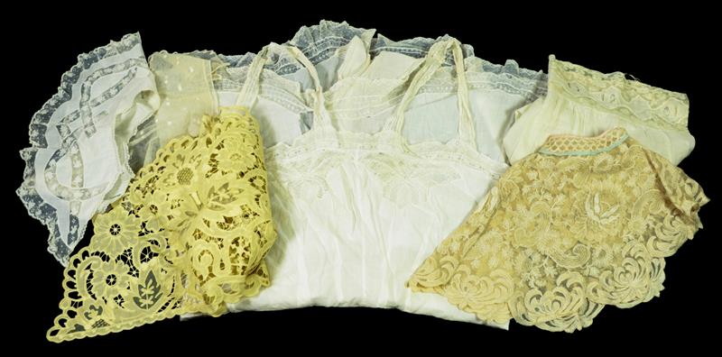 Assorted Mainly Early 20th Century Lace Trimmed Costume, comprising an Irish lace collar mounted