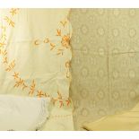 Assorted White Linens and Textiles, comprising a large yellow embroidered bed cover with a scalloped