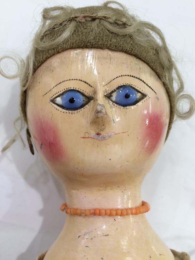 A Late 18th Century Queen Anne Type Doll, with a carved wooden head, blonde wig, wide carved eyes - Image 18 of 30