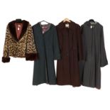 A Group of Ladies' Circa 1940-70s Coats, comprising a faux leopard skin jacket with a cropped