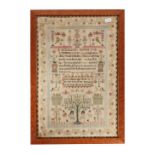 Adam and Eve Sampler Worked by Ann Williams, Age 10 Dated 1807, highly decorated with religious