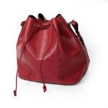 Louis Vuitton Red Epi Leather Noe Drawstring Shoulder Bag, with gilt metal hardware, black fabric