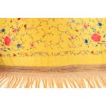 Circa 1920's Chinese Yellow Silk Shawl, embroidered overall with decorative pink chrysanthemums