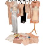 Circa 1930s and Later Lingerie, comprising a white satin night dress with v-neckline; peach gown