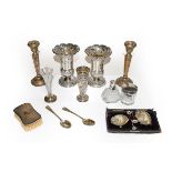 A tray of assorted silver including a pair of Victorian silver vases of flared form by Fenton