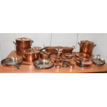 An assembled batterie de cuisine, Mauviel, Villedieu and similar cookware, copper on stainless steel
