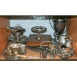 A quantity of silver plate, including: an oak cased set of fruit knives and forks, entree dishes,