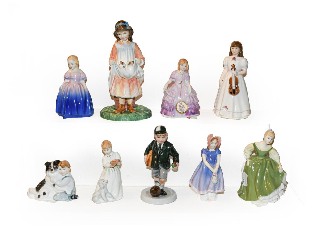 A selection of nine Royal Doulton figures titled 'Ivy', 'Dinnertime', 'Off to School', 'Rose', 'Fair