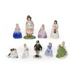 A selection of nine Royal Doulton figures titled 'Ivy', 'Dinnertime', 'Off to School', 'Rose', 'Fair