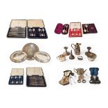 A collection of assorted silver and silver plate, the silver including: various cased sets of