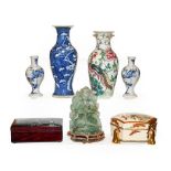 A quantity of Asian art including a carved fluorite figure of Buddha, Japanese Satsuma box and