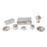 A collection of assorted silver including; three silver mounted glass dressing-table jars, two