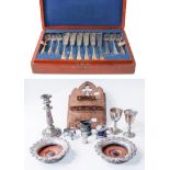 A collection of assorted silver plate, including: a cased set of fish-eaters, in oak box; a pair