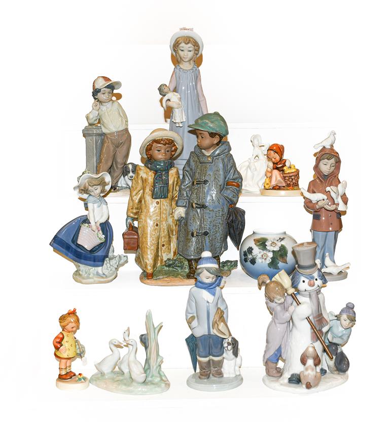 A quantity of Lladro, Nao, Royal Doulton and Hummel figures, together with a Royal Copenhagen