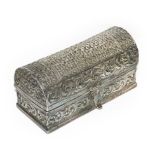 An Indian white metal casket, apparently unmarked, probably late 19th century, oblong and with domed