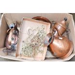 A quantity of 19th century brass and copper, including a kettle, trivets, country house hot water