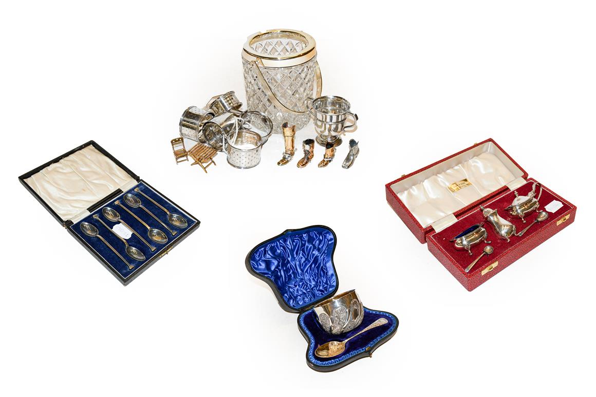 A selection of silver and silver plated items, including a Victorian cased christening bowl and