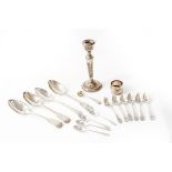A collection of assorted silver, including: four George III and later table-spoons, three Fiddle