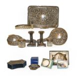 A tray of assorted silver and costume jewellery etc, including a George V purse, Birmingham, 1912, a