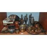 Assorted brass, copper and silver plated items including a miners lamp, case cutlery and open