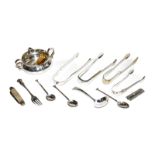 A collection of assorted silver, including: a Victorian double-lipped jug; three pairs of sugar-