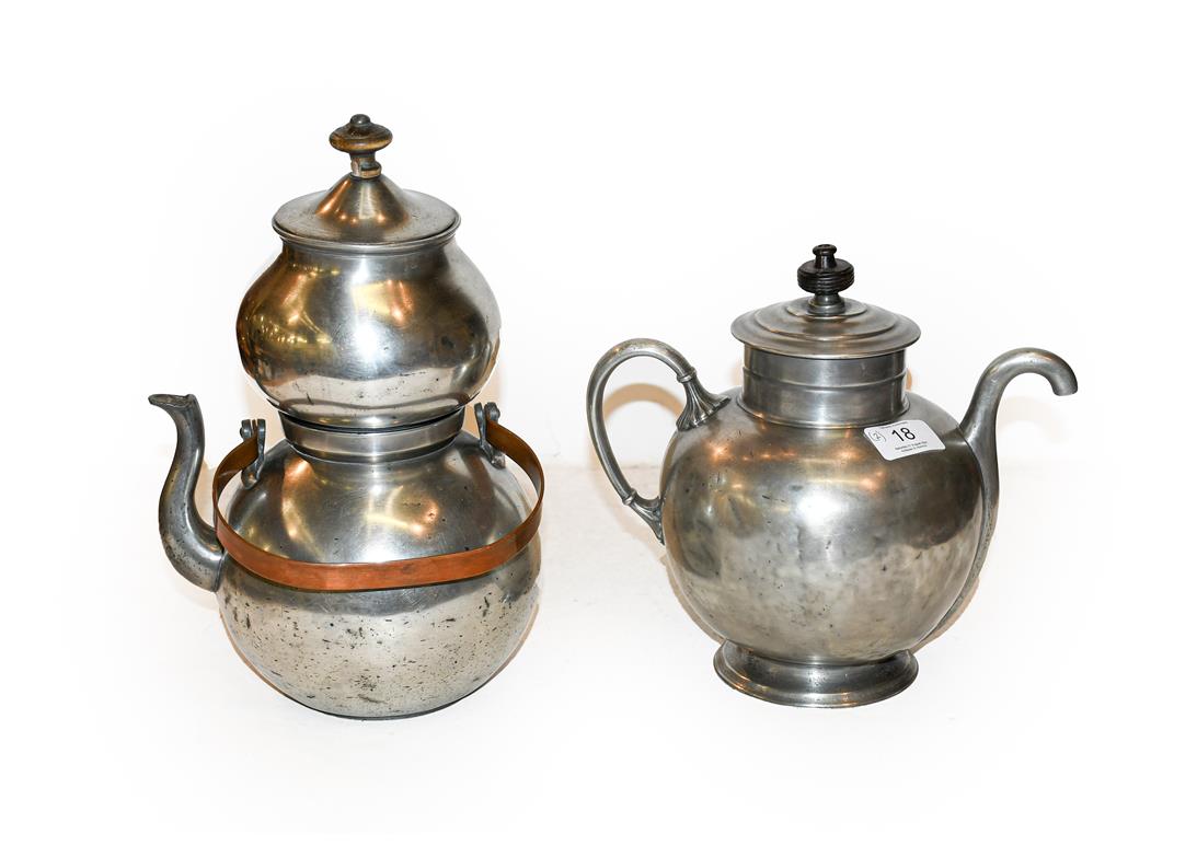 A Royle's patent pewter self pouring teapot, and a Dutch pewter melon shaped coffee pot with