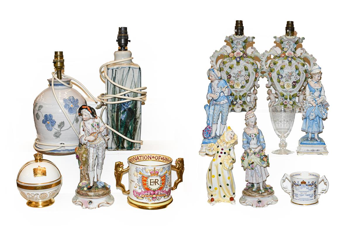 A collection of European decorative figures and lamps (two trays)