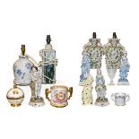 A collection of European decorative figures and lamps (two trays)
