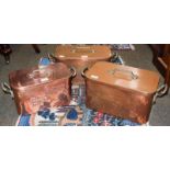 Three French copper and stainless steel rectangular stew pans with covers and brass handles (3)