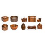 A Georgian mahogany tea caddy, a large treen bowl, a nest of wooden measures and a quantity of other