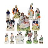 A group of 19th century Staffordshire figures including a pearlware figure stamped Hall (one tray)