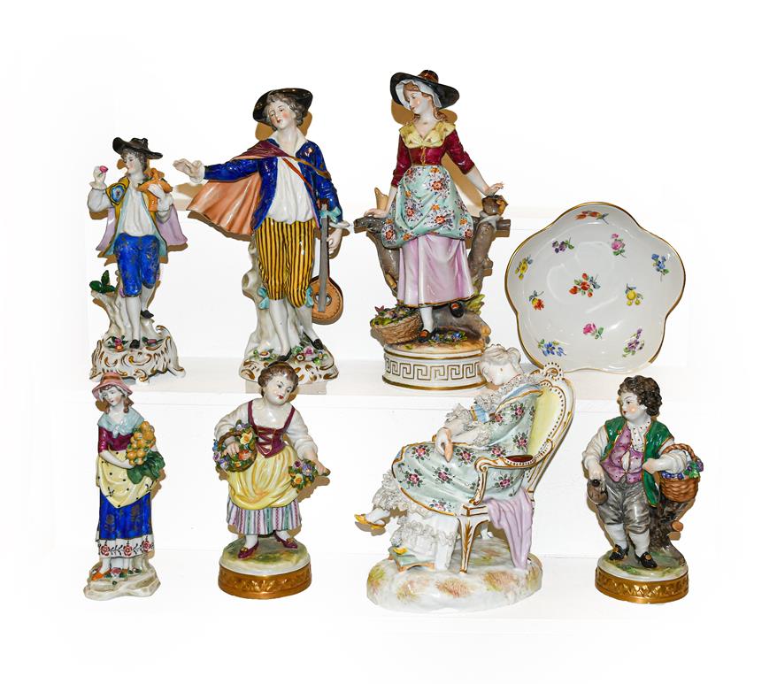 A collection of mainly 19th century Continental porcelain figures to include Meissen and Chelsea