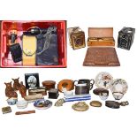 Collectors items, including: two Kodak cameras, small cased microscope, snuff box inscribed ''Part