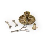 A silver plated chamber stick and snuffer, together with with other plated wares (5)